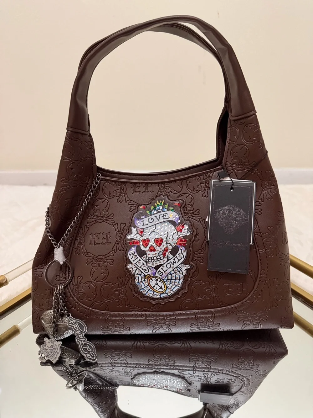 Ed Hardy Brown Embossed Hobo Bag with Colorful Skull Patch